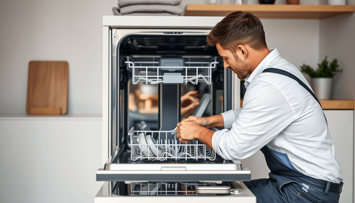 Technician repairing a dishwasher