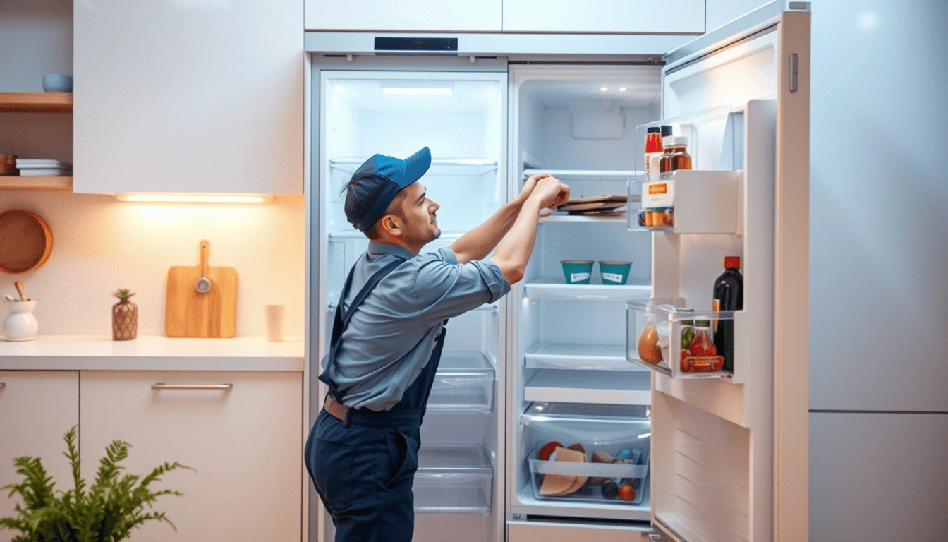 Technician repairing a refrigerator